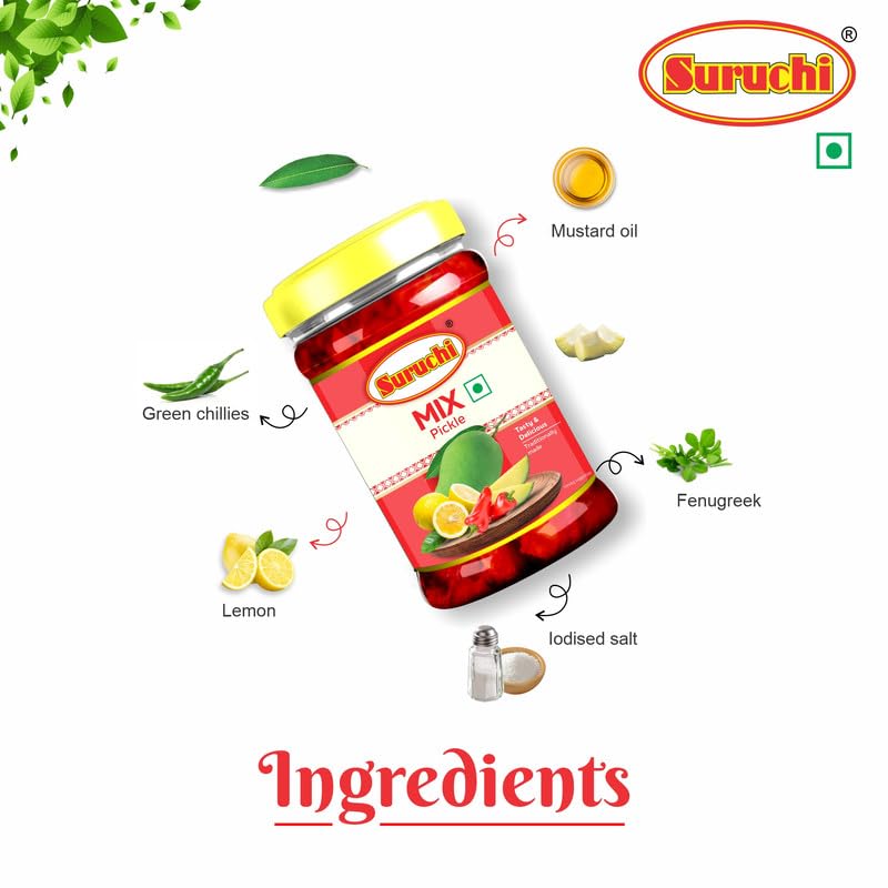Image of Suruchi Mix Pickle - 500g | Nimbu Mirchi Aam Achar | Ready to Eat Mix Pickle | Authentic Indian Achar | Pure & Natural Ingredients | Hygienically Packed (Pack of 1)