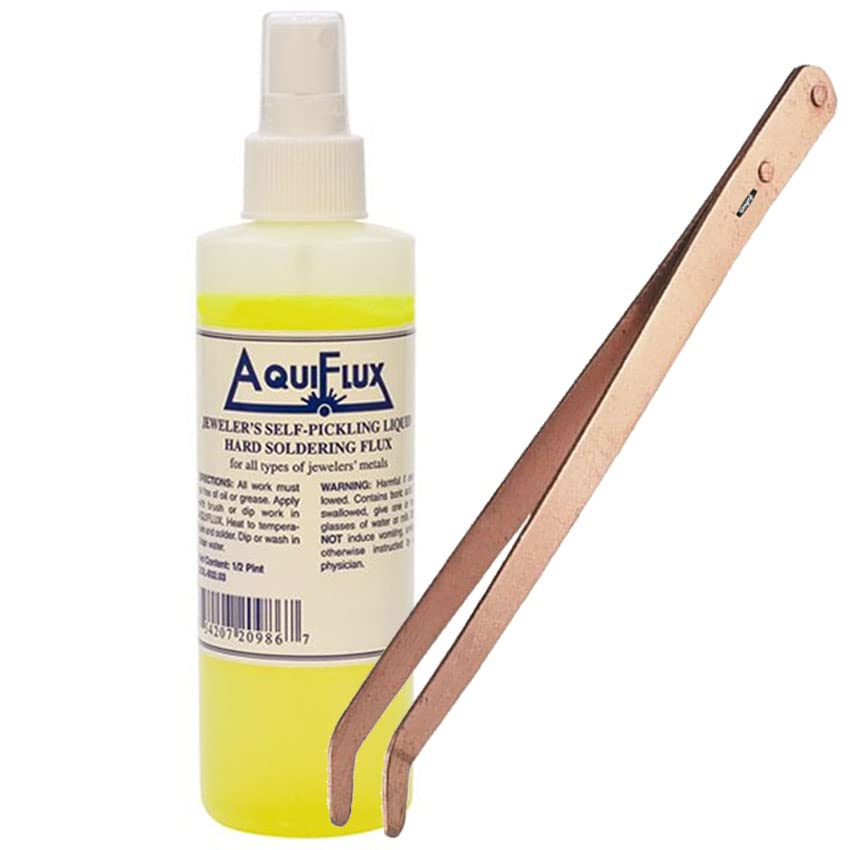 Aquiflux Self Pickling Flux and Gold Silver Jewelry Hard Soldering 1/2 Pint - 8oz with Copper Tongs Curved Tip Copper