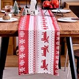 Dazhtu Camino de Mesa Navideño, Camino de Mesa de Lino Rojo Navidad con Renos y Copos de Nieve, Decoración Navideña de Invierno para Mesas de Cocina, Decoración de Fiestas de Interior (180x 35cm)