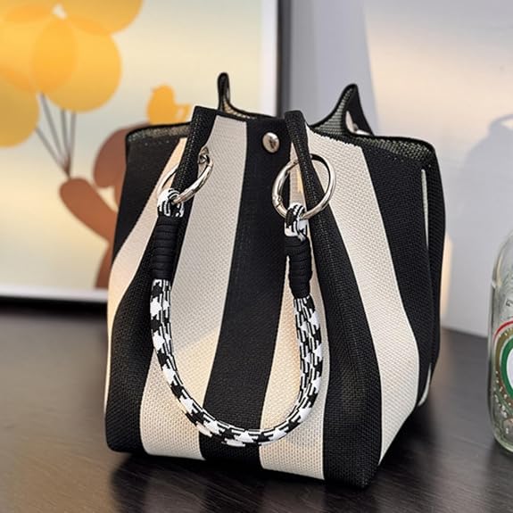 Image of Kawn Knit Crochet Tote Bag for Women - Striped Bucket Style Shoulder Handbag | Lightweight Boho Beach Purse for Travel, Vacation & Casual Use
