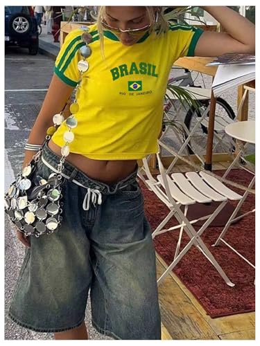 SHENHE Women's Brazil Crop Top Crew Neck Short Sleeve Graphic Colorblock Y2K Jersey Tshirt3