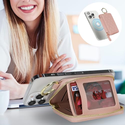 Image of Compatible with MagSafe Wallet,Magnetic Phone Wallet Card Holder for iPhone 17 /16 Pro Max /15 Pro /14 Plus /13 /12 Series,PU Leather Zipper Pocket Adjustable Stand-Rose Gold