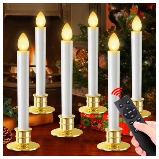 Christmas Window Candles Lights 6 Pack Battery Operated Candles with Remote Control Timer Gold Holders Flameless Candle Taper LED Candle Christmas Decorations Window Decorations Party Xmas Table Top