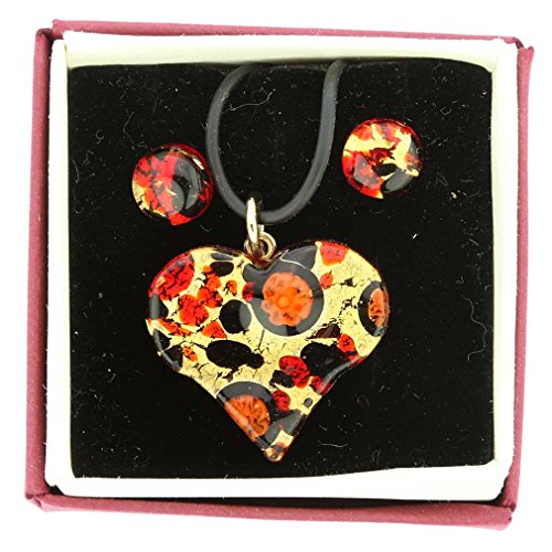 GlassOfVenice Murano Glass Venetian Reflections Heart Necklace and Earrings Set - Black Red