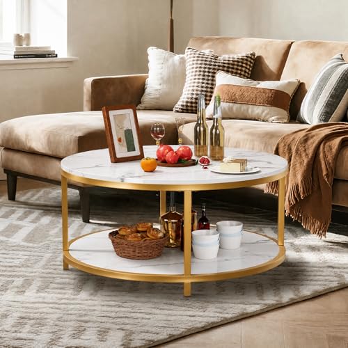 Image of 36 inch Round Gold Coffee Table, 2-Tier Modern White Marble Living Room Center Table with Storage Shelf, Faux Marble Top Cocktail Table, Luxury Circle Tea Table for Contemporary Home Furniture, White