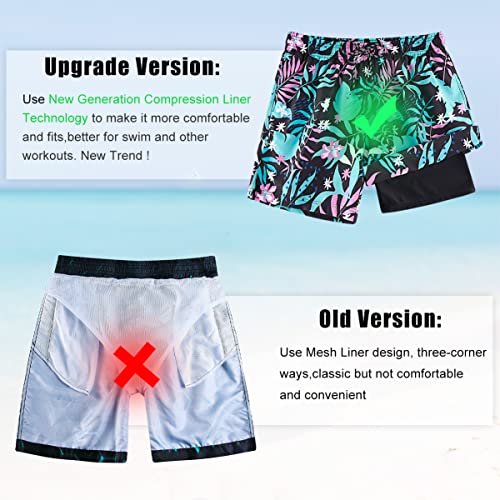 Cozople Compression Liner Swim Trunks Men's Colorful Flowers Print Swim Shorts Classic Hawaiiwan Stylish Swimwear Beach Lightweight Bathing Suits Black Inner Pocket M #TOP1