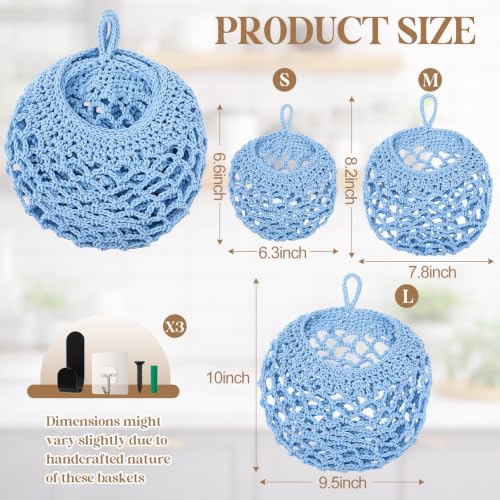 Image of Honeydak 3 Hanging Baskets, Light Blue, Crochet, Cotton Rope
