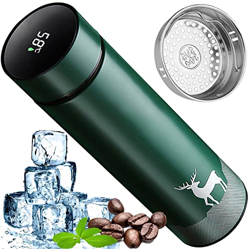 Vacuum insulated stainless steel thermos cup | men's and women's reusable daily automotive leak-proof thermos | Smart display temperature series | 16 ounces. Hot Coffee/iced drink/Tea Cup (Green)
