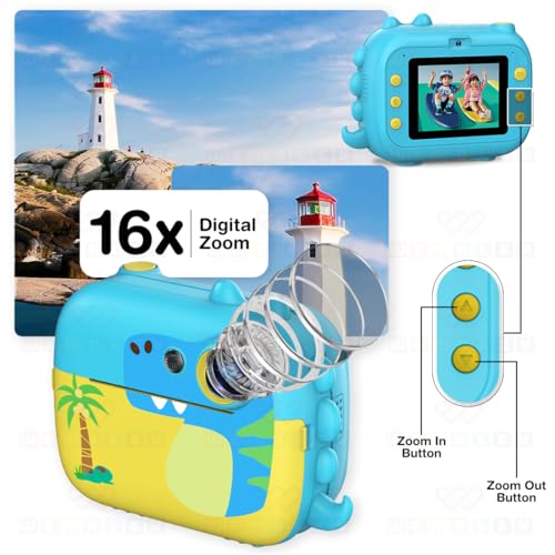 Image of Wembley 8MP Instant Print Digital Camera for Kids 3 4 5 6, Years Dino Design with Print Paper Rolls 4GB SD Card Shoulder Strap | Video Recorder Games Photo Filters Effects | Perfect for Birthday Gift