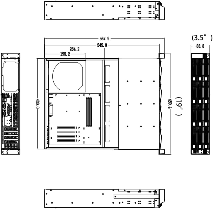 Technical drawing showing dimensions of the RackChoice 2U Rackmount Server Chassis.