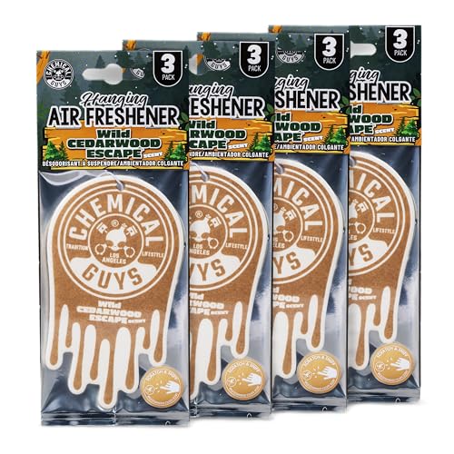 Image of Chemical Guys Hanging Car Air Freshener 12-Pack, Wild Cedarwood Escape Warm, Woody & Earthy Cedarwood Fragrance, Rearview Mirror Paper Fresheners for Cars, Trucks, SUVs & Boats