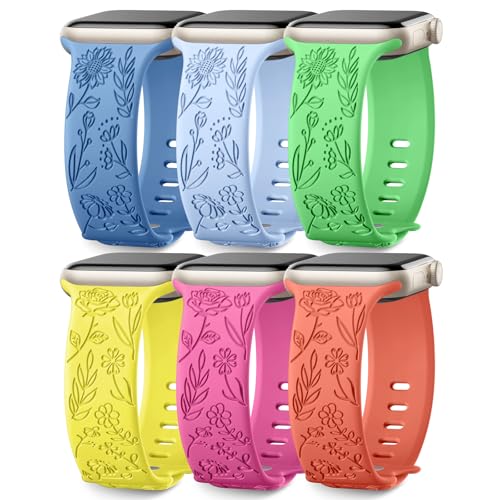 Image of SNBLK 6 Pack Floral Engraved Bands Compatible with Apple Watch Bands 40mm 41mm 42mm 38mm 44mm 45mm 46mm 49mm Women Men, Silicone Flower Pattern Strap for iWatch Series 11 10 Se Ultra 9 8 7 6 5 4 3 2 1
