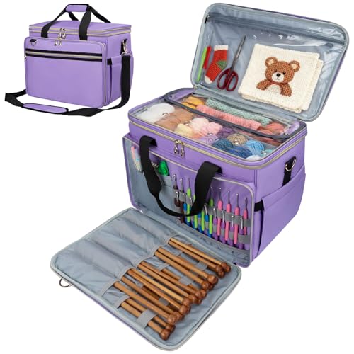 Anitor Large Crochet Bag Knitting Bag Yarn Storage Tote, Yarn Bag with Clear Top Lid, Unfinished Project Compartment, 6 Yarn Holes. Holds Knitting Needles, Crochet Hooks, Yarn, Purple, (Bag Only)