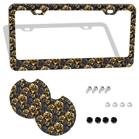 Yellow Hibiscus Flowers License Plate Frame Metal Aluminum Artistic Personalized License Plate Cover Car Tag Holder 2 Pack Anti-Slip Shockproof Hibiscus Car Coasters for USA Canada Vehicles Standard Cover