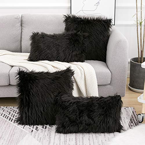 WLNUI Set of 2 Black Decorative Fluffy Pillow Covers New Luxury Series Merino Style Faux Fur Throw Pillow Covers Square Fuzzy Cushion Case Spring Easter Home Decor 18x18 Inch