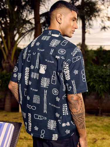 Image of Bewakoof Men's All Over Printed Oversized Fit Half Sleeve Collar Pure Cotton Shirt
