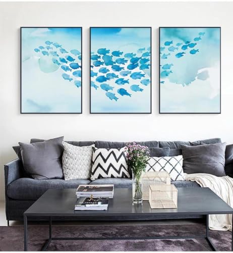 Cuadro abstracto de peces azules para pared infantil, posters decorativos en lienzo sin marco