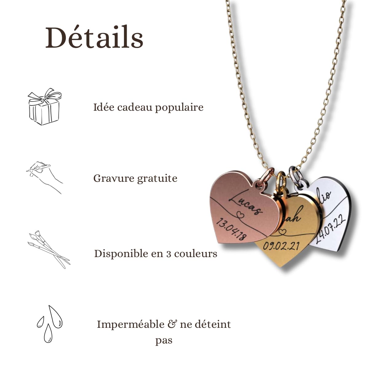 Generisch Collier personnalisé avec gravure | Cœurs avec nom et dates de naissance des enfants | Cadeau maman | Or, argent, or rose | Acier inoxydable étanche | Fabriqué en Allemagne