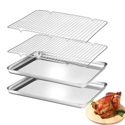 BEWOS 4 Stücke Backblech mit Abkühlgitter - Edelstahl-Tief-Backblech, Spülmaschinenfest und Langlebig, Backblech für getoastete Baguetten