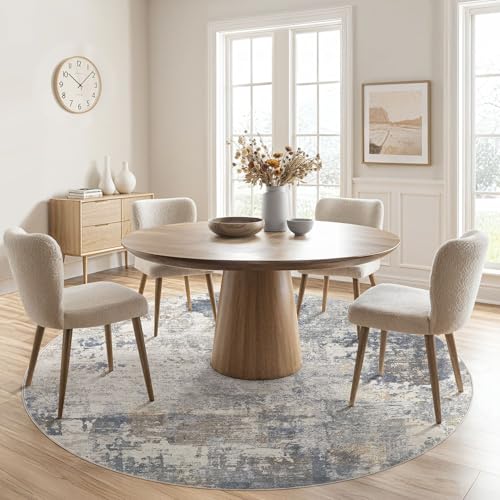 6ft Round Area Rug Living Room Rugs - 6x6 Washable Neutral Modern Abstract Soft Thin Rug Indoor Floor No Slip Rug Carpet for Bedroom Under Dining Table Home Office Decor - Blue Grey