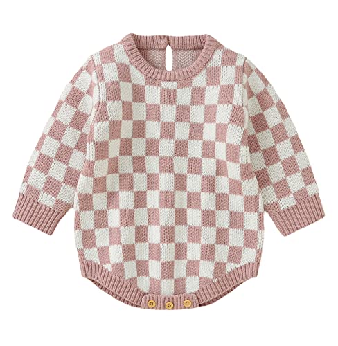 Image of Unisex Baby Girl Boy Knitted Romper Jumpsuit Checkerboard Plaid One Piece Button Down Sweater Playsuit Clothes