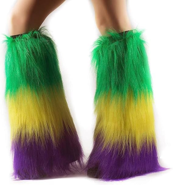 Fuzzy mardi gras Leg Warmers Womens Purple Green Yellow Faux Fur Leg Covers - mardi gras Outfit for Women mardi gras Costume Accessories Carnival Heels Long Boots Cuff Cover for Party Dress Up