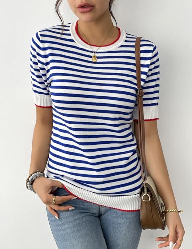 Image of Zeagoo Womens Summer Tops Casual Short Sleeve Striped Sweater Shirt Crewneck Color Block Knit Blouses