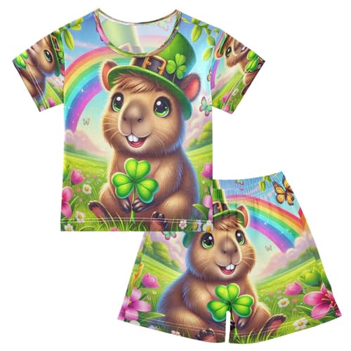 Capybara St Patricks Flowers Pajama Set Short Sleeve Summer Pajamas Shorts Sets PJ Clothes Set Soft 5Y