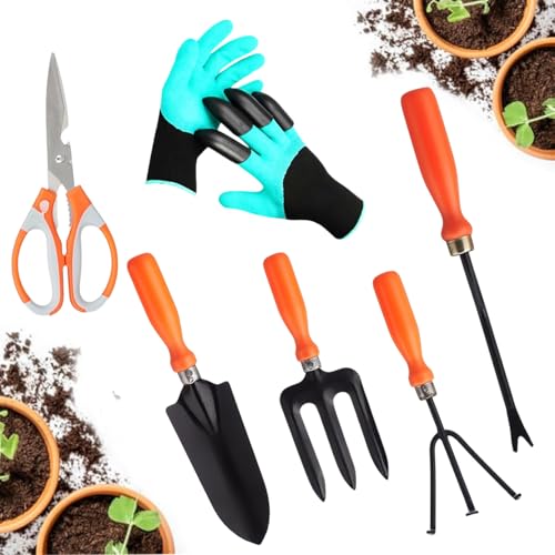 Image of Go Hooked 6 Pcs Gardening Tools Kit Cultivator, Fork, Transplanter, Weeder, Graden Gloves, Graden Scissor Heavy Duty Garden Tools Set for Indoor Outdoor Plants, Balcony, Home Garden Use