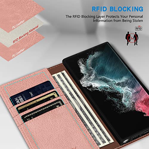 Image of ZZXX for Samsung Galaxy S22 Ultra Wallet Case with [RFID Blocking] Card Slot Stand Strong Magnetic Leather Flip Fold Protective Phone Case for Samsung Galaxy S22 Ultra Case Wallet(Rose Gold-6.8 inch)