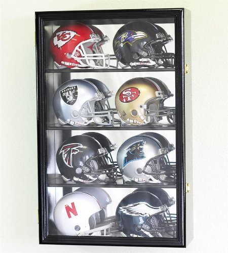 8 Mini Helmet Display Case Cabinet Holder Rack w/UV Protection- Lockable with Mirror Back, Black