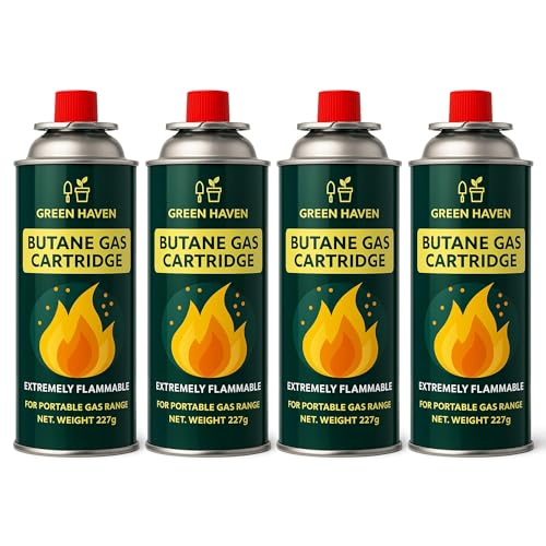 Green Haven Butane Gas Canisters 4 Pack EN417 Non-threaded Camping Cylinders for BBQs & Stoves Reliable Propane Refill Long-Lasting & Safe for Outdoor Cooking Camping Festivals or Picnics
