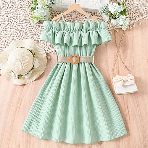 Child Girls Off Shoulder Princess Dress Solid Color Ruffle Party Dresses A-Line Beach Dress with Belt2
