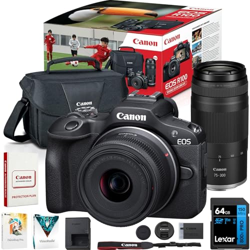 Canon EOS R100 Camera Double Zoom 2 Lens Kit w/RF-S 18-45mm + RF 75-300mm Lenses 6052C111 Bundle with Deco Photo Kit Including Lexar Premium PRO Series 64GB SDXC Memory Card + Corel Photo Video Suite