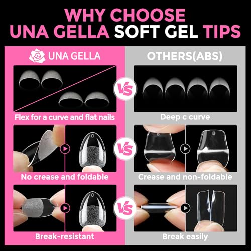 Image of UNA GELLA Extra Short Almond Nail Tips Full Cover 216PCS Gel Nail Tips Short Almond Shaped Nails Tips Soft Gelly Gel Clear Fake Nails Tip for Acrylic Nail Tip Soak Off Home DIY Salon Nails 12 Sizes