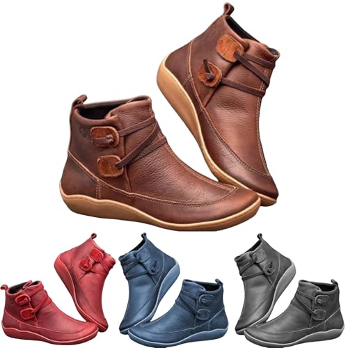 Ankle Boots for Women No Heel 2025, Fall New Arch Support Boots Fashion Lace Up Side Zipper Vintage Ankle Booties, Comfortable Slip On No Heel Boots3