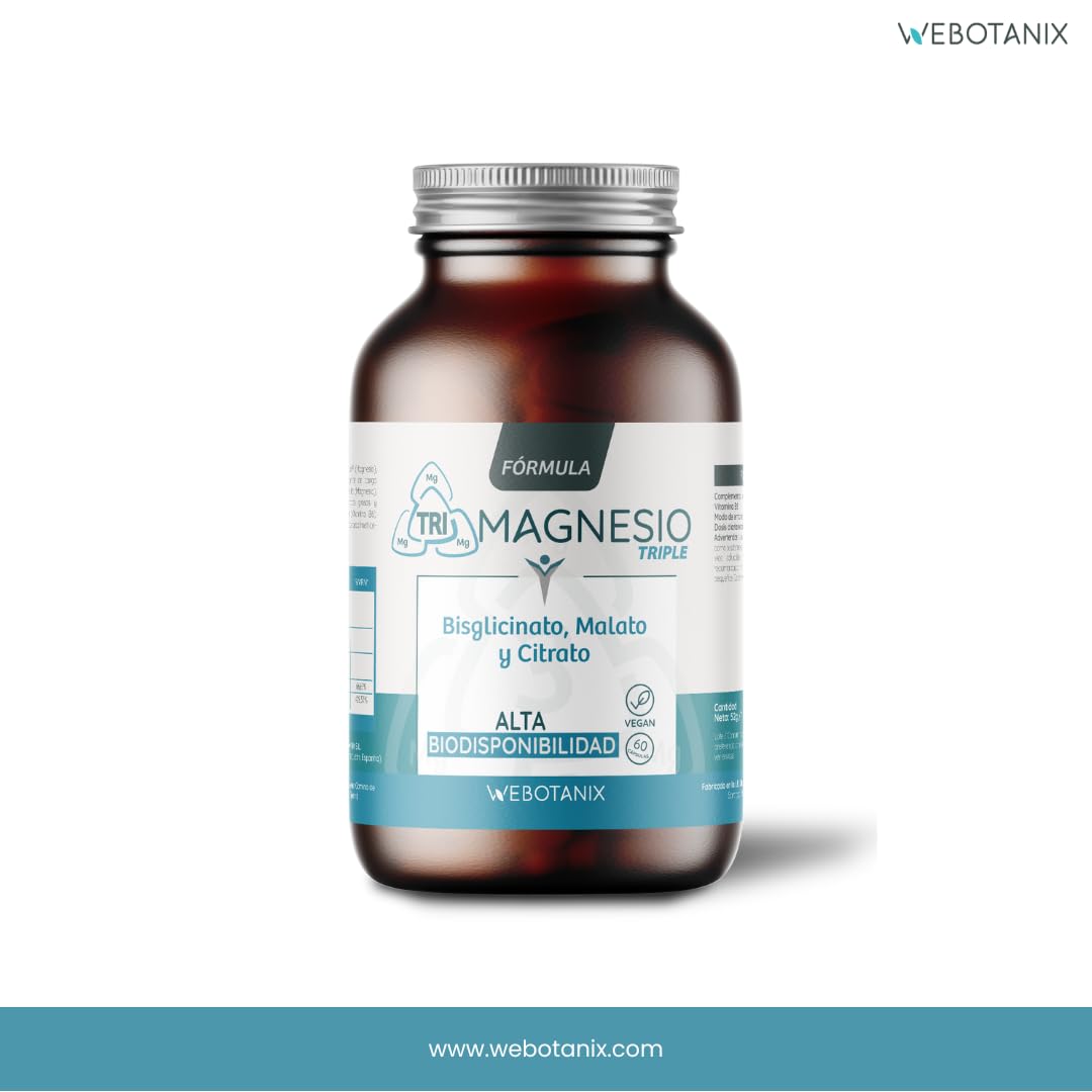 WeBotanix | Fórmula Triple Magnesio | Bisglicinato, Dimagnesio Malato y Citrato de Magnesio y Vitamina B6 | Con Vitamina B6 para Energía, Bienestar y Salud Muscular | Vegano (120 Cápsulas)