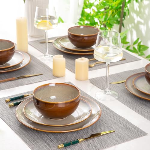 Image of LERATIO Ceramic Dinnerware Sets for 8,Stoneware Plates and Bowls Sets,Handmade Reactive Glaze Dishes Set,Chip Resistant and Scratch Resistant | Oven&Dishwasher & Microwave Safe-Kahki (24PCS)