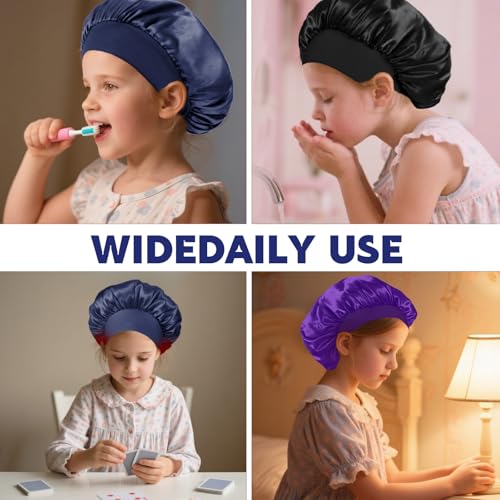 3PCS Kids Bonnets for Girls, Satin Silk Bonnet for Kids, Soft Wide Band Sleep Cap Toddler Bonnet Shower Caps(Black, Blue, Purple) 6