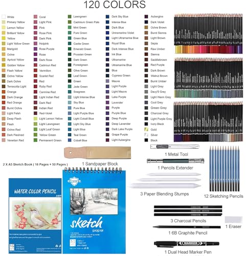 Image of Corslet 146 Pc Artist Drawing Pencils Color Pencil Set with A5 Sketch Book Art set Shading Sketch Colours Graphite Colour Sketching Pencils Children Adult