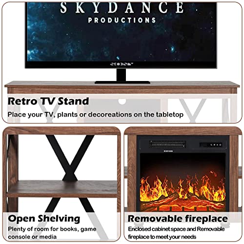 Aodailihb Farmhouse Metal And Wood Tv Stand With Fireplace For Tv's Up To 65" Universal Tv Stands For Living Room Storage Cabinets And Shelves Entertainment Center Tv Table (With Fireplace, Brown) #TOP3