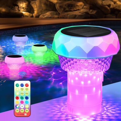 Gaethra Dosatore Cloro Galleggiante per Piscina con LED Solare RGB e Telecomando