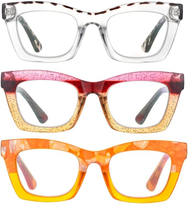 Miniatura 2 de bullabulling - Paquete de 3 gafas de lectura estilo Oprah con bisagra de resorte, bloqueo de luz azul, para computadora, montura cuadrada para