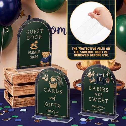 Image of Vercraft 6 Pcs Luxury Equestrian Bear Baby Shower Table Decor | 6 x 8 inch Green Blue Tartan Plaid Acrylic Signs, Take One Thank You Centerpieces, Gender Reveal Party Decor