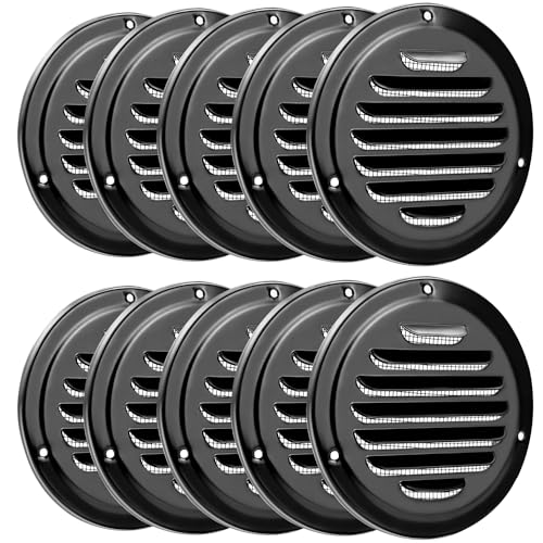 QWORK 4 Black Soffit Vent Cover with Screen Mesh 10 Pack Round Metal Air Vent Louver 5-11/16 Diameter Grill Cover Round HVAC Vents