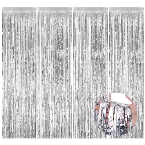4 Piezas Cortina Cumpleaños Plata,1 x 2m Cortina de Oropel Metálico,Flecos Cortinas de Purpurina,Cortinas de Decoración de Fiesta,Cortina de Papel de Aluminio para Cumpleaños,Bodas,Fiestas,Navidad