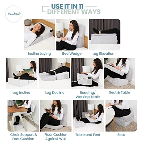 Tomodotchi 3 Pc Wedge Pillow Set - Foldable Foam Wedge Pillow With Cushion - Leg Elevation Pillow Wedge, Triangle Bed Wedge For Sitting Up, Knee Wedge Pillow For Adult, Bed Wedge Pillow For Sleeping #TOP1