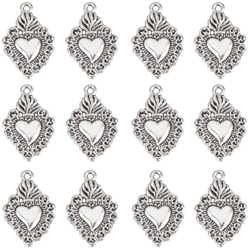 SUNNYCLUE 1 BOX 80PCS Sacred Heart Charms Milagros Heart Charms Mexican Cute Alloy Metal Antique Silver Love Charm Bulk for Jewellery Making Charms Christmas Easter Valentine's Day Gift Craft Supplies
