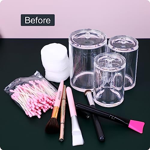 Image of MOSIKER Bathroom Canisters,Round Cotton Ball Pad Holder,Clear Acrylic Qtip Tampon Accessories Organizer with 3 Slots