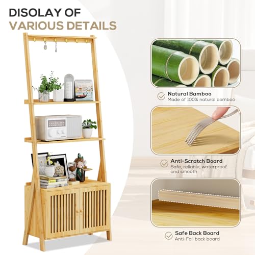 Image of Bookcase with Drawers, 4-Tier Bamboo Bookshelf Ladder Shelf with 6 Hooks, Tall Narrow Book Shelf, 24.8 inchL x 10.6 inchW x 59.5 inchH, Standing Storage Organizer for Living Room, Home Office, Bedroom, Bathroom